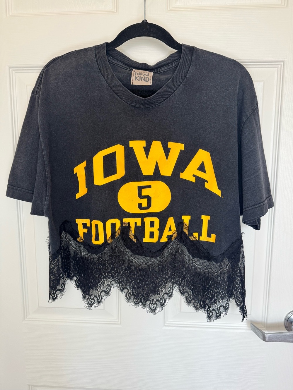LF stores- up-cycled vintage Iowa Football Lace-Hem Crop Tee - Black & Yellow